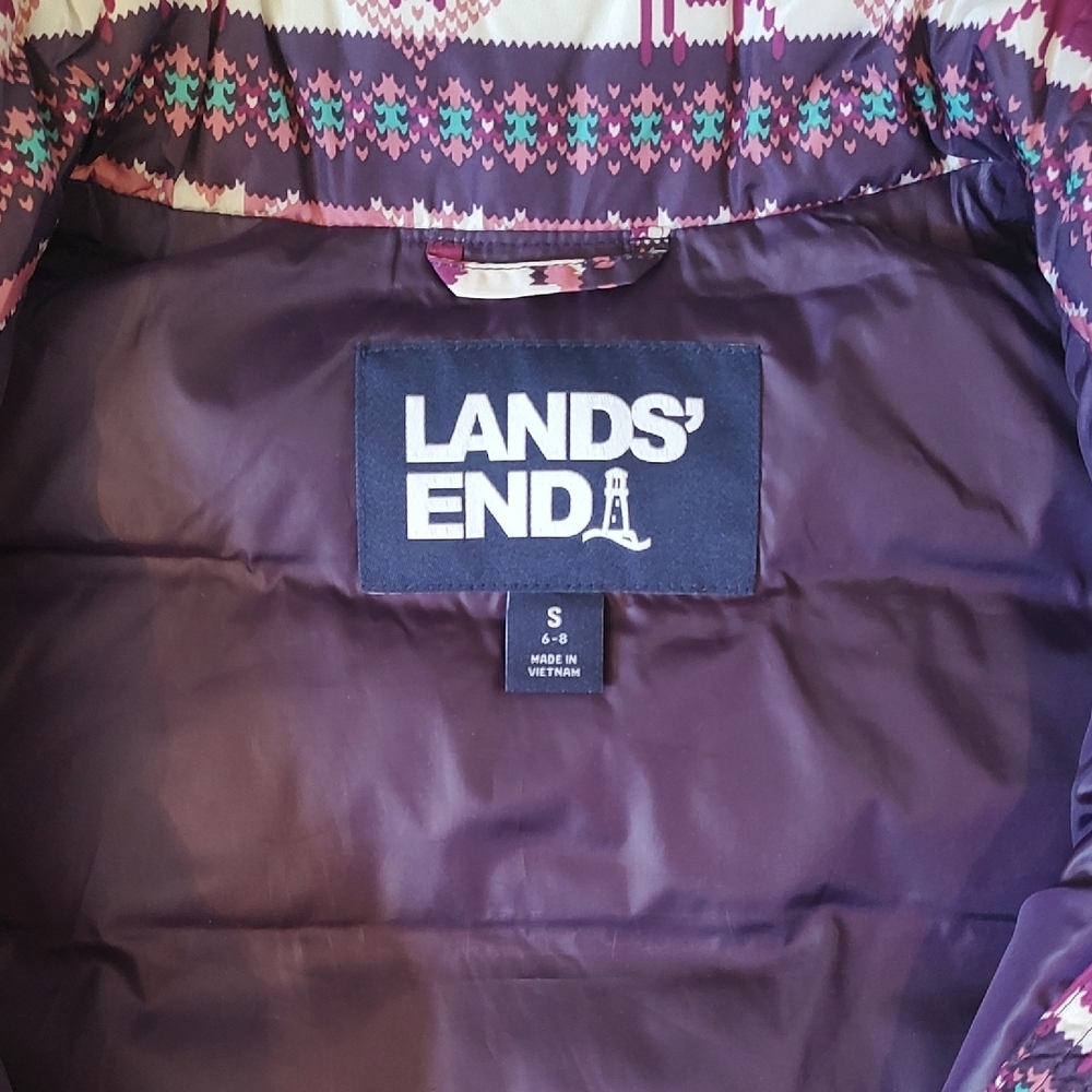 LANDS END Women's Purple Puffer Vest with Reindeer, Bear, Tree Detail SZ Small. - Picture 2 of 9